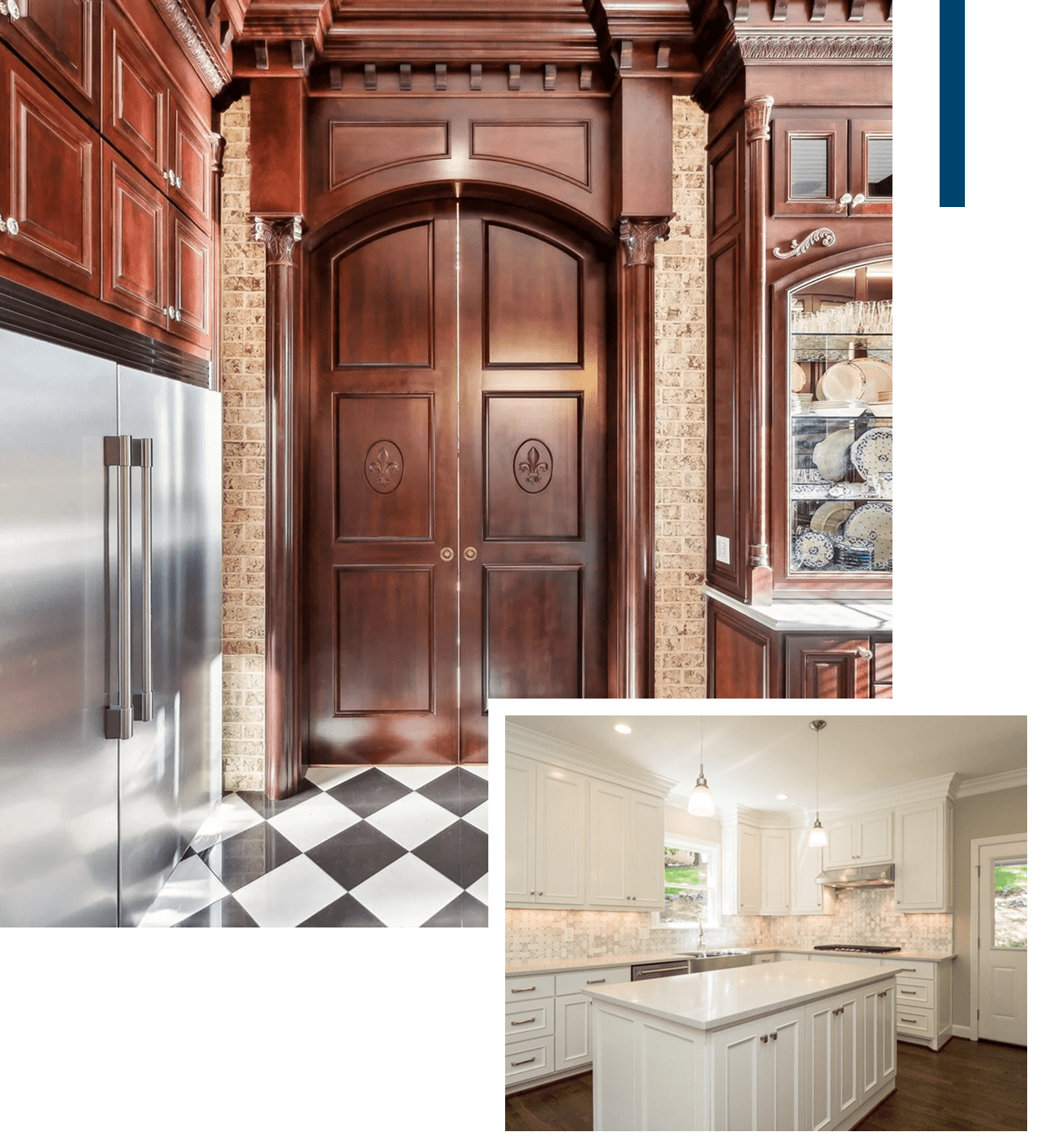 Wooden and white kitchens with contrasting styles.
