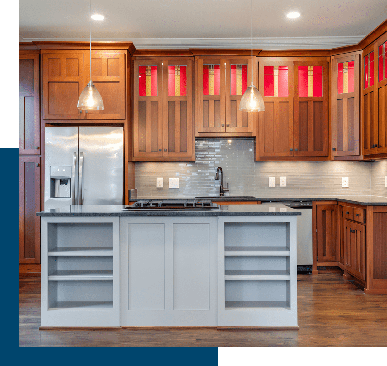 Modern kitchen with wooden cabinets and island.
