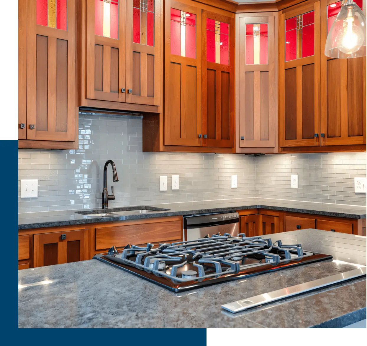 Modern kitchen with wooden cabinets and stove.