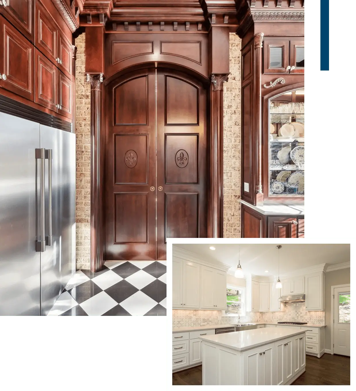 Wooden and white kitchens with contrasting styles.