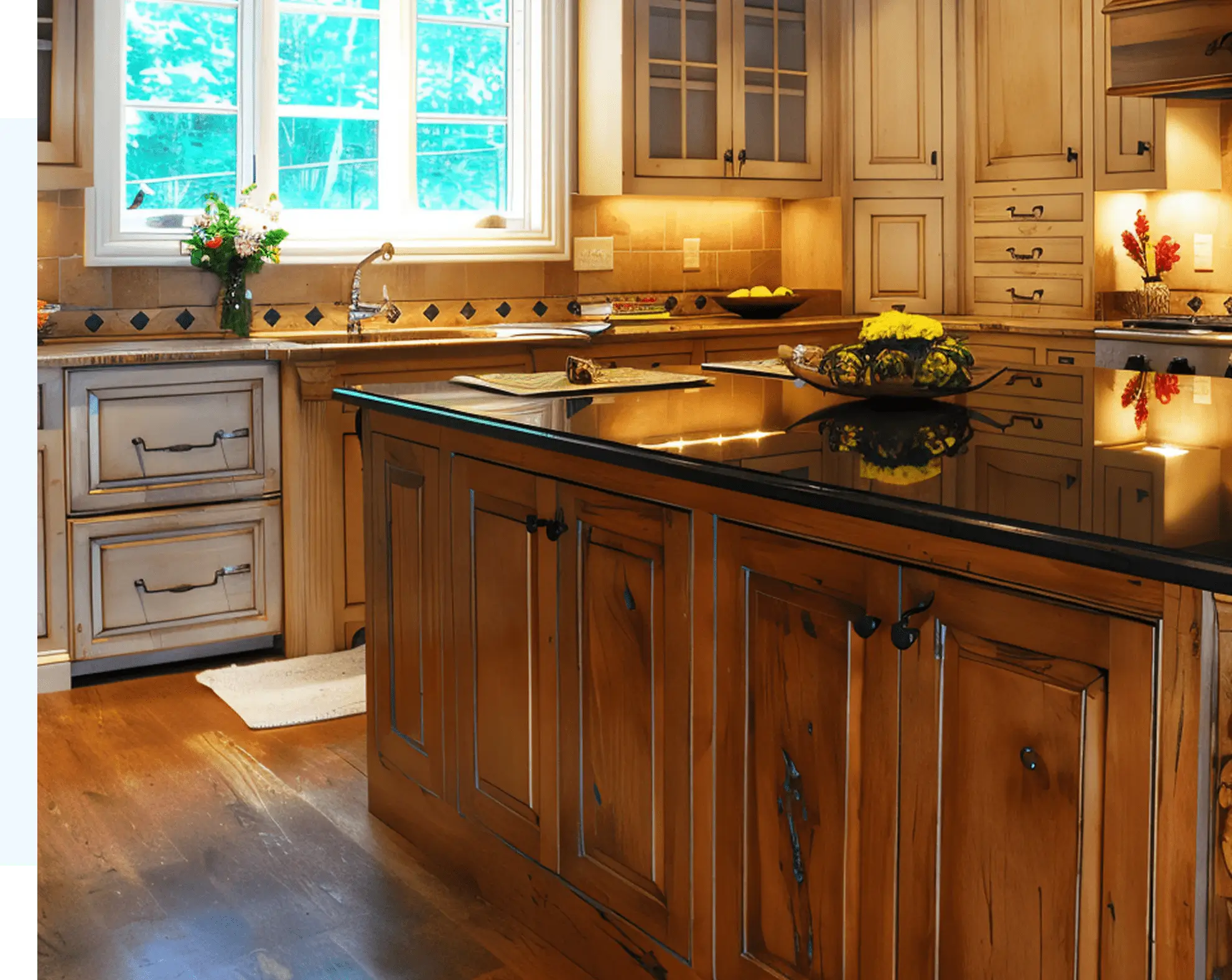 Wooden kitchen with black countertop and window.