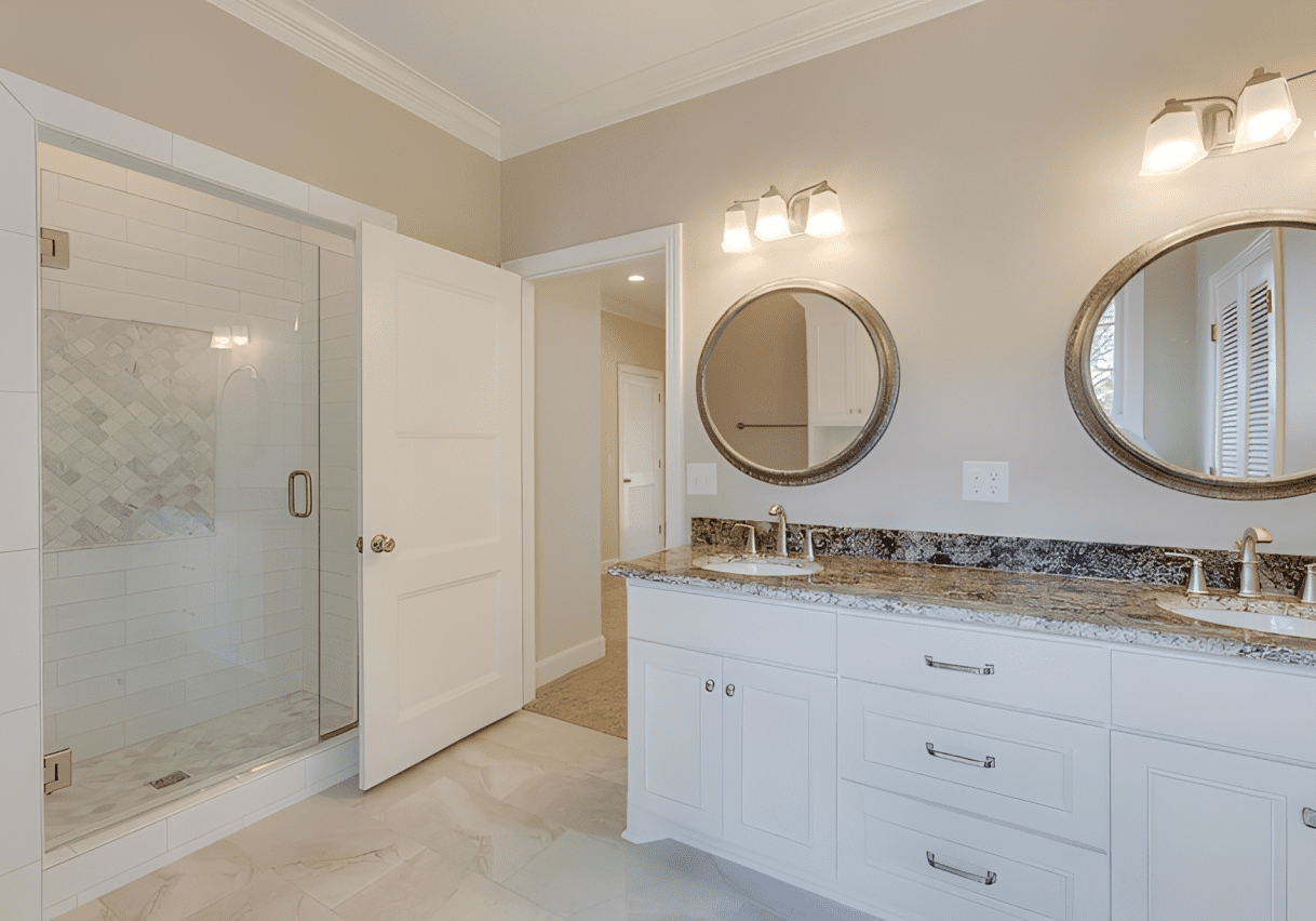 Modern bathroom with double sinks and shower.